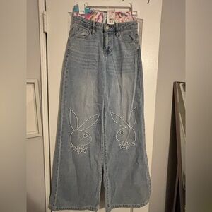 PLAYBOY Light Blue Wide-Leg Jeans with Bunny Motif